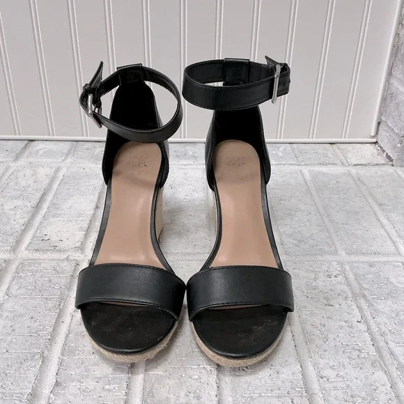 A New Day Ankle Strap Open Toe Espadrille Wedge Sandals Black - Picture 3 of 10